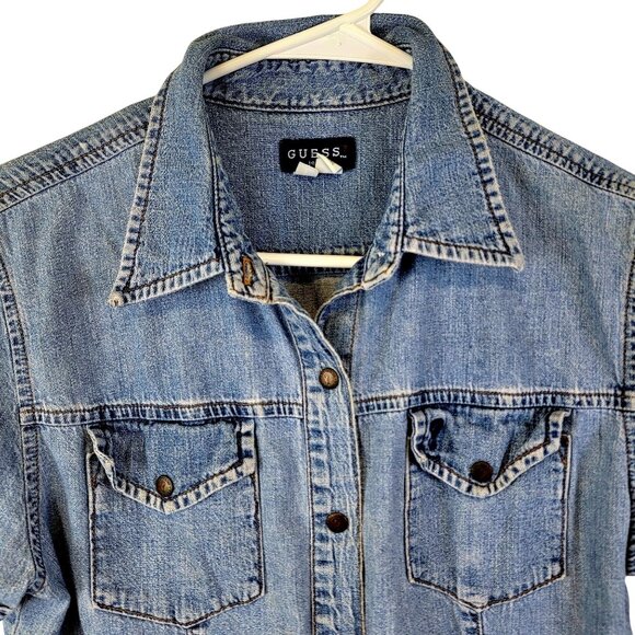 Guess Jeans Vintage 90s Denim Shirt Women Large 12 Short Sleeve Button Collar L - Picture 9 of 15